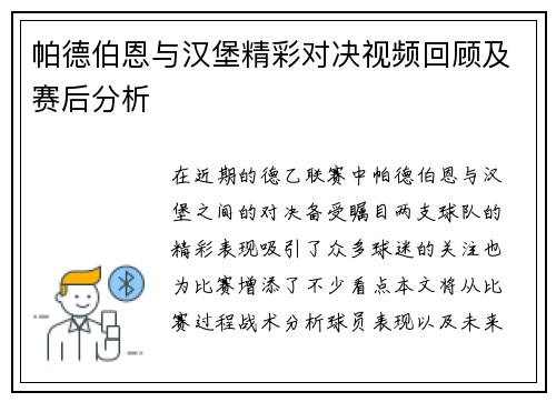 帕德伯恩与汉堡精彩对决视频回顾及赛后分析